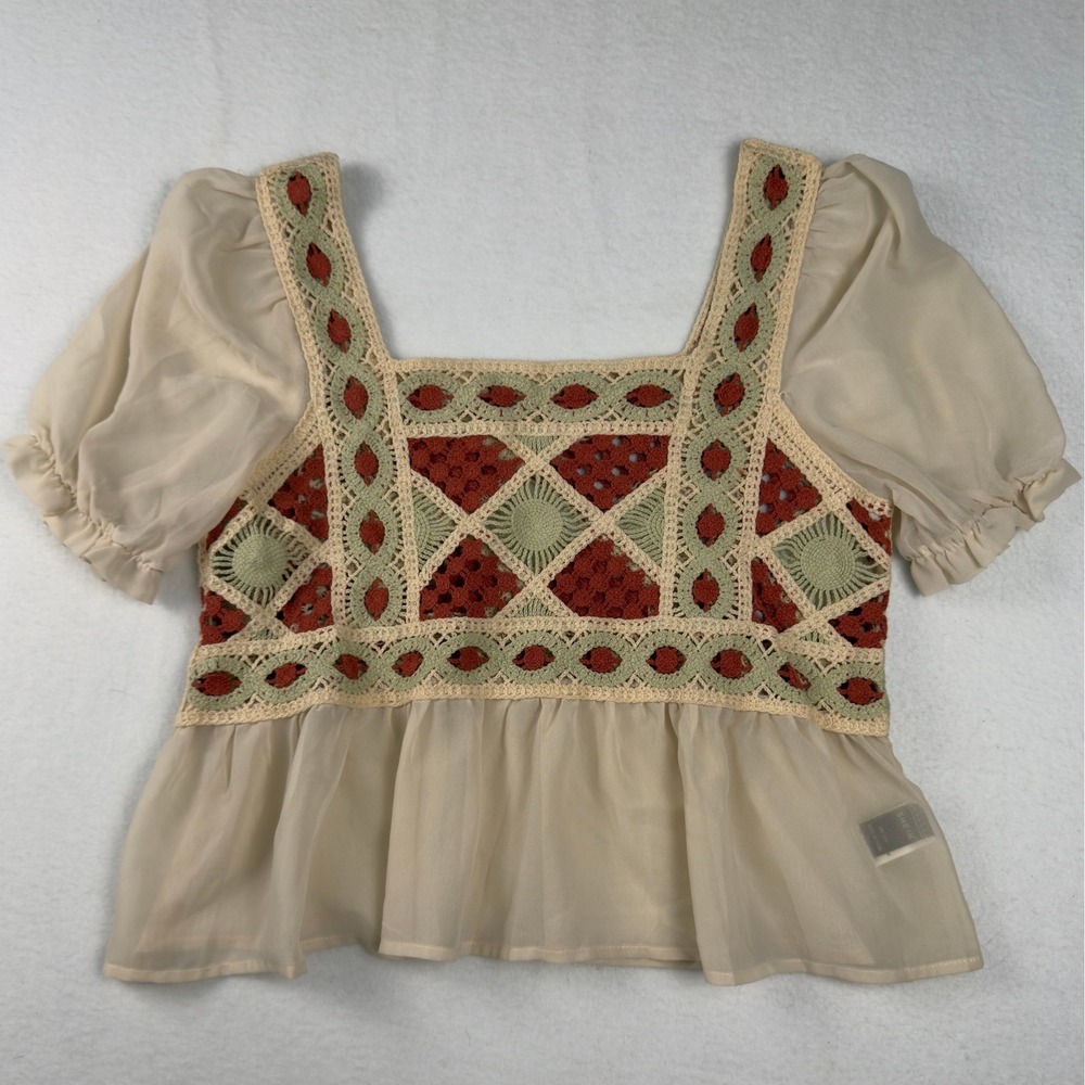 Crochet Lace Peplum Top Boho Fairy Puff Sleeve Sheer Chiffon Blouse One Size